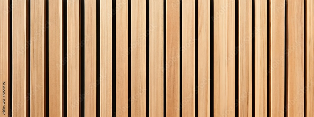 Naklejka premium Wall made of wooden panels. Vertical wooden slats for facade cladding. Timber stripes made of beige pine. A modern plank surface for interior and exterior design. 