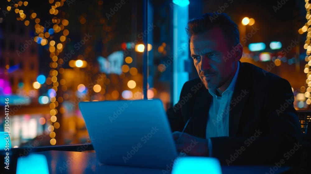 A serious businessman is engrossed in his work on a laptop while seated in a dimly lit office. The city lights visible through the windows add to the professional and modern atmosphere, creating a A serious businessman is engrossed in his work on a laptop while seated in a dimly lit office. The city lights visible through the windows add to the professional and modern atmosphere, creating a