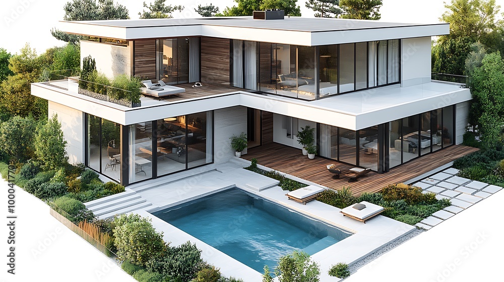 Modern Two Story House with Swimming Pool and Large Windows Modern Two Story House with Swimming Pool and Large Windows