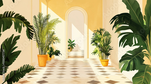 Illustration of tropical plants in a bright hallway