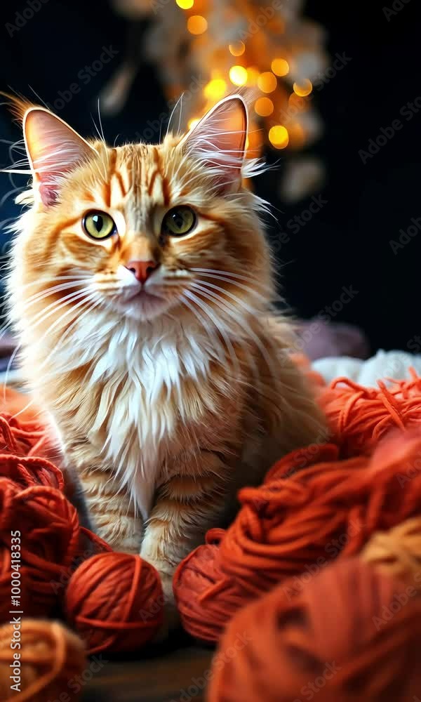  cat in a knitted blanket against a background of Christmas lights
