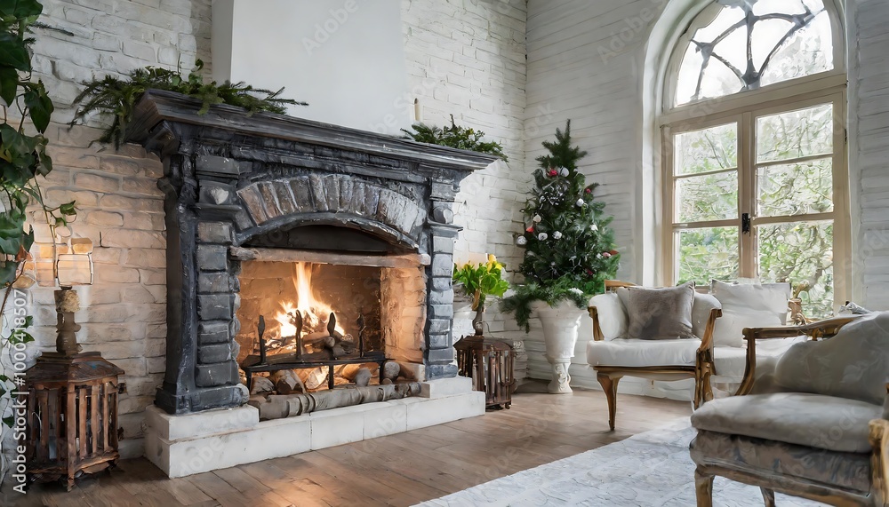 Cozy Fireplace in a Classic House, Creating a Warm and Inviting Atmosphere, Perfect for Illustrating Home Comfort and Traditional Interior Design Cozy Fireplace in a Classic House, Creating a Warm and Inviting Atmosphere, Perfect for Illustrating Home Comfort and Traditional Interior Design