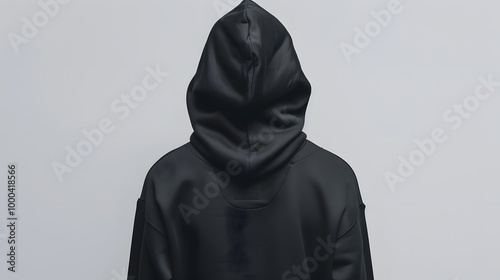 High-resolution photograph of a black hoodie back view with a hood, isolated on a neutral gray background.