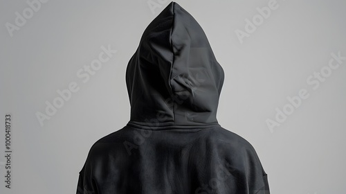 High-resolution photograph of a black hoodie back view with a hood, isolated on a neutral gray background.