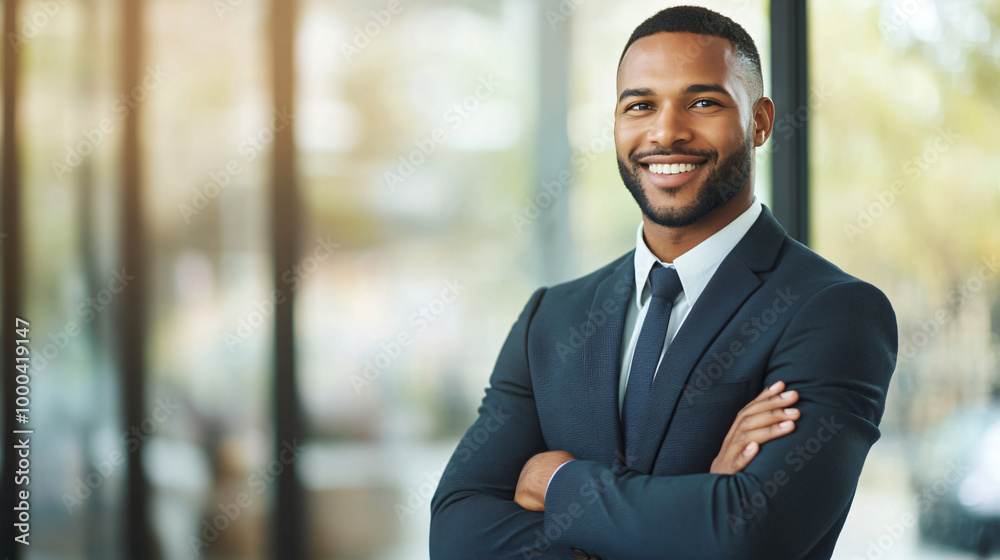 Young businessman is smiling with his arms crossed in a modern office building Young businessman is smiling with his arms crossed in a modern office building