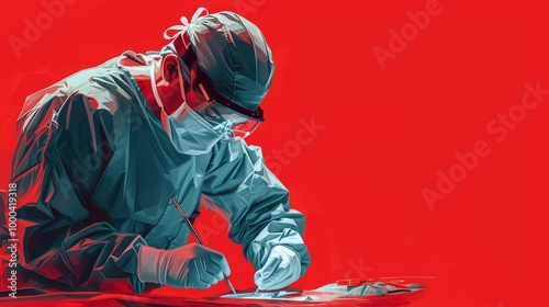 A skilled surgeon intensely focused while performing a surgical procedure in a brightly lit operation room. The red background creates a dramatic and intense visual contrast, highlighting the