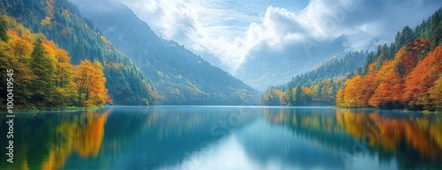 Vibrant Autumn Forest Reflected in Calm Mountain Lake with Misty Peaks