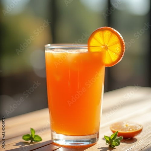 Fresh carrot juice in a clear glass with a whole carrot beside it, showcasing a vibrant orange color against a white background, perfect for a healthy and refreshing beverage