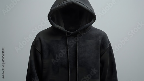 High-resolution photograph of a plain black hoodie with drawstring and pocket, isolated on a soft gradient background.