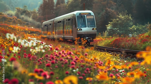 A metro train on a track surrounded by wildflowers.