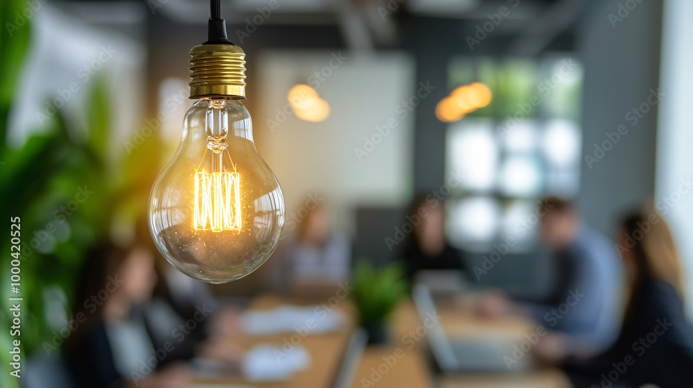 Team of business people in a meeting with a shining light bulb illuminating the scene Team of business people in a meeting with a shining light bulb illuminating the scene