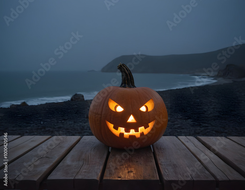 One spooky halloween pumpkin, Jack O Lantern, with an evil face and eyes on a wooden bench, table with a misty gray coastal night background