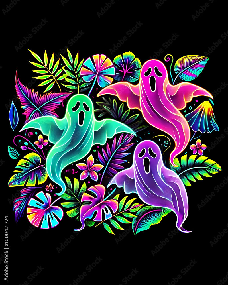 Obraz premium Neon Ghosts with Colorful Tropical Leaves and Flowers on Black Background