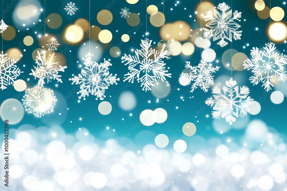 Bright white snowflakes against a turquoise background with bokeh lights symbolizing festive winter celebrations snowy beauty and holiday charm Bright white snowflakes against a turquoise background with bokeh lights symbolizing festive winter celebrations snowy beauty and holiday charm