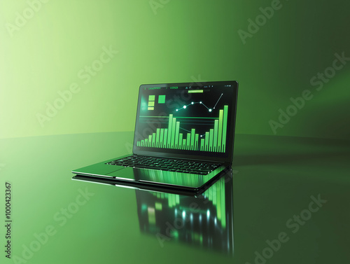 3D render of a laptop with data analytics on the screen. Green color scheme symbolizes growth, progress, or financial technology. Ideal for themes related to data analysis, finance, or technology. photo