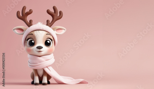 A cute cartoon deer with a pink scarf and a red hat