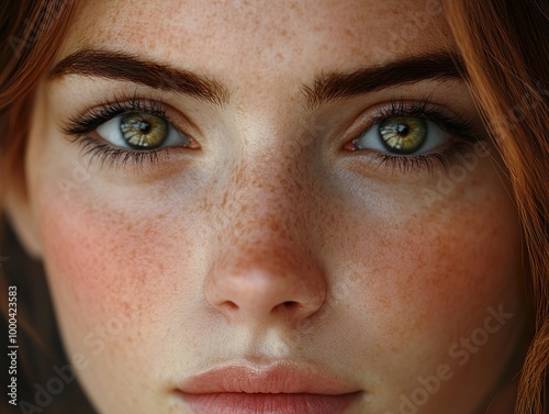 Close-up Portrait of a Woman with Green Eyes and Freckles