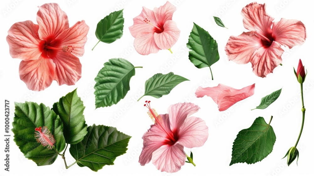 Flowers And Photographic Leaves Of Hibiscus Separate Elements On A White Background Flowers And Photographic Leaves Of Hibiscus Separate Elements On A White Background