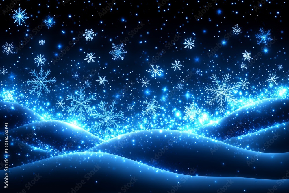 Electric blue snowy waves glowing against a dark festive background representing winter magic holiday wonder and serene seasonal celebrations Electric blue snowy waves glowing against a dark festive background representing winter magic holiday wonder and serene seasonal celebrations