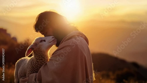 Shepherd Jesus concept, man guarding his sheep