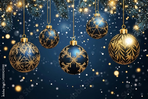 Festive holiday ornaments and golden snowflakes glowing against a dark blue background symbolizing elegant seasonal decor and joyful winter celebrations