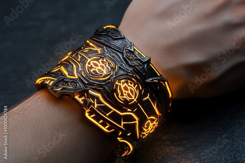 Fantasy armor bracelet with intricate runes, glowing with mystical energy, wrapped around the wrist of a heroic adventurer photo