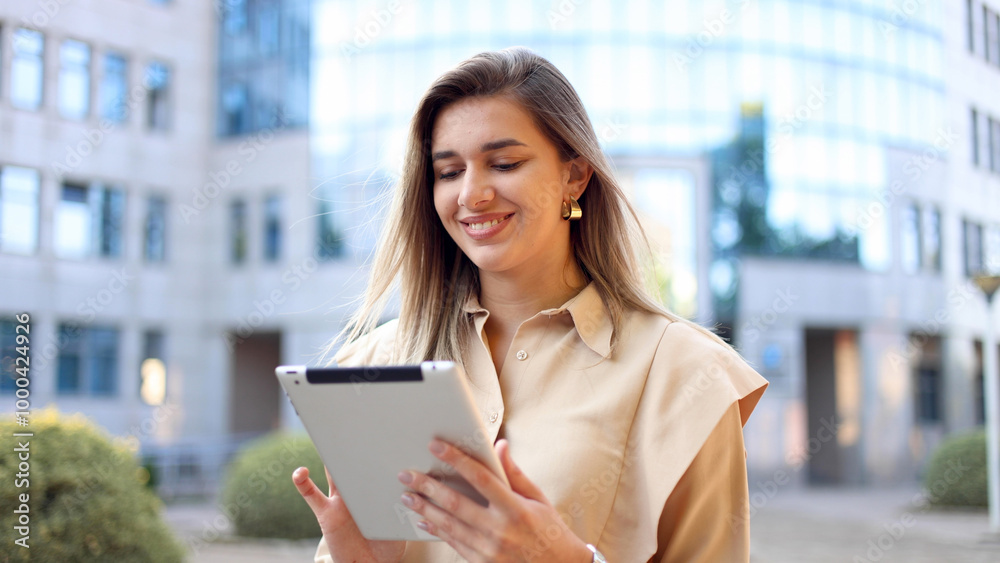 Female entrepreneur using a tablet in the city Female entrepreneur using a tablet in the city