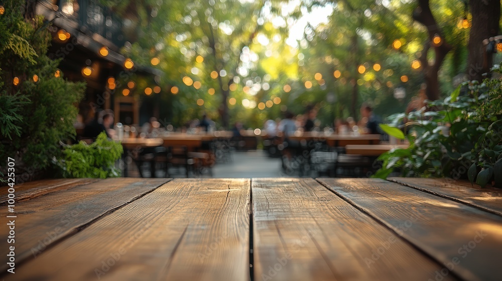 wooden table in open-air restaurant with people sitting at tables wooden table in open-air restaurant with people sitting at tables