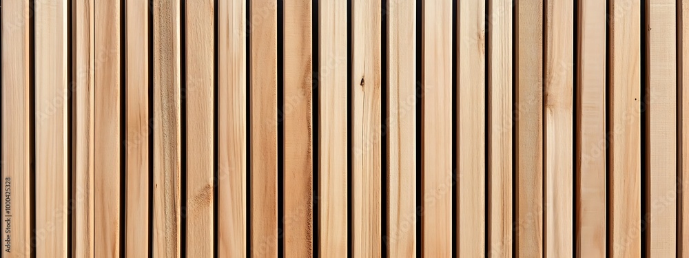 Naklejka premium Wall made of wooden panels. Vertical wooden slats for facade cladding. Timber stripes made of beige pine. A modern plank surface for interior and exterior design. 