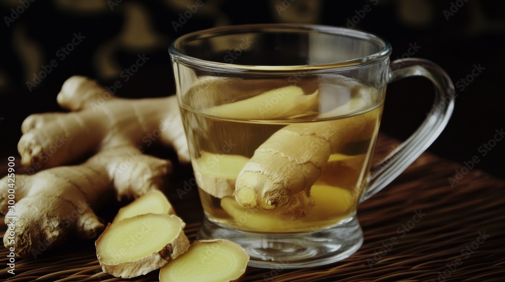 A glass cup of hot ginger tea with fresh ginger root and sliced ginger A glass cup of hot ginger tea with fresh ginger root and sliced ginger