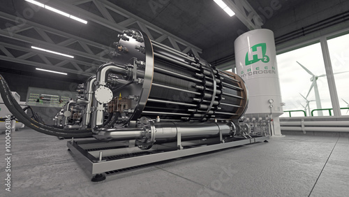 Close-up of CFE electrolyzer inside green hydrogen plant. Realistic 3D render.