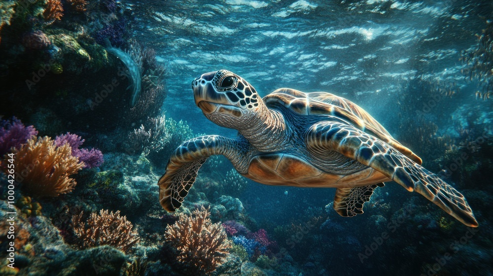 Fototapeta premium Sea Turtle Swimming Through Coral Reef