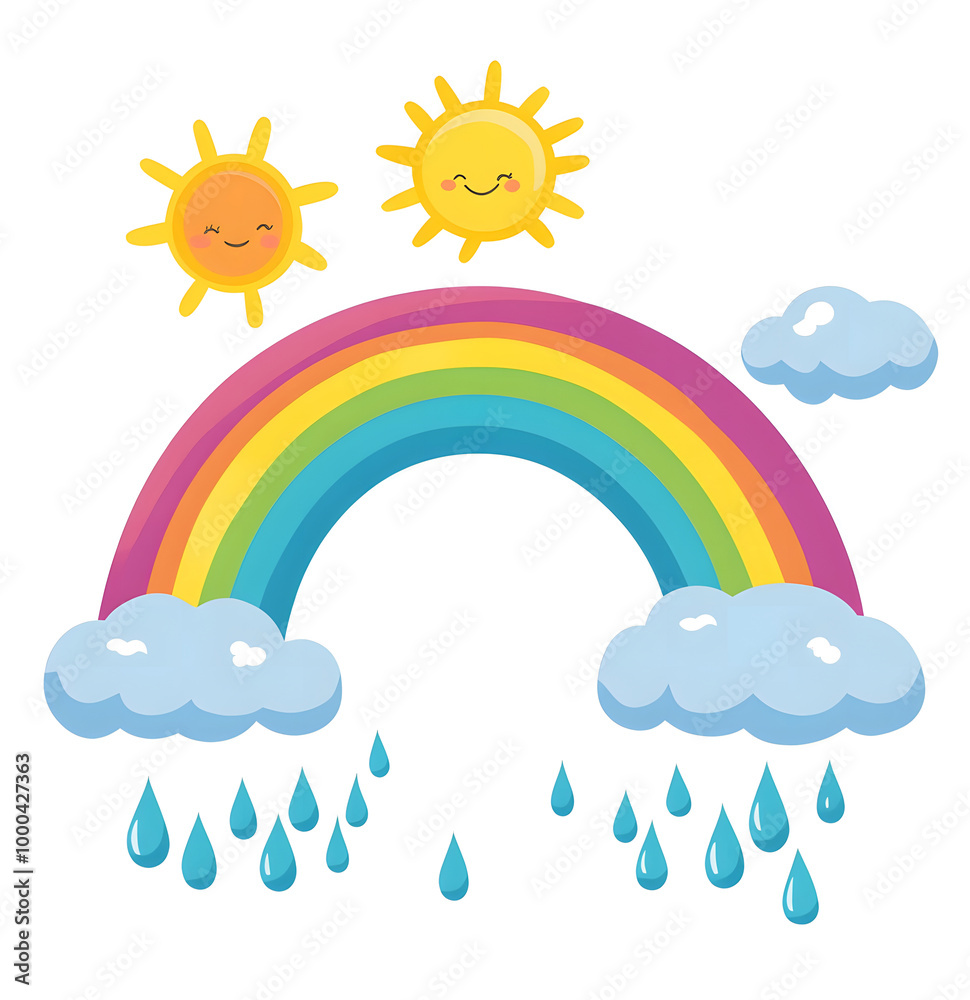 Colorful Rainbow with Raindrops and Sun – Cute Weather Cartoon Illustration Colorful Rainbow with Raindrops and Sun – Cute Weather Cartoon Illustration