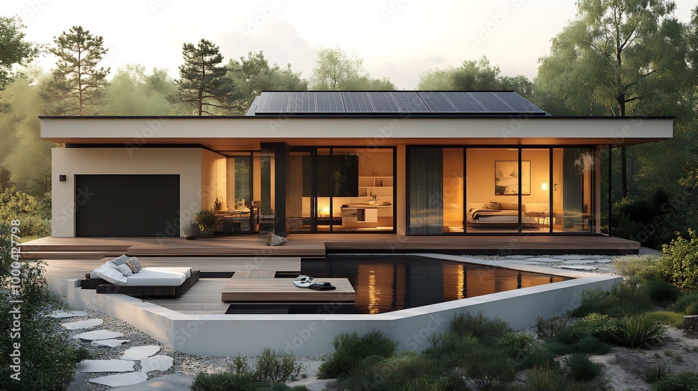 Modern house exterior with swimming pool and patio in front of forest.