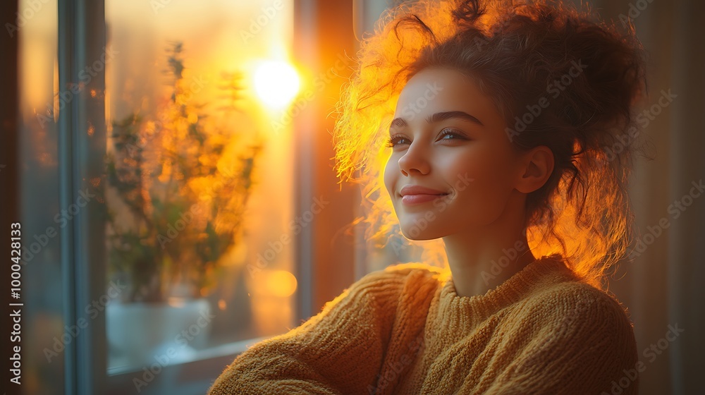 Smiling Woman Looking Out Window at Sunset Smiling Woman Looking Out Window at Sunset