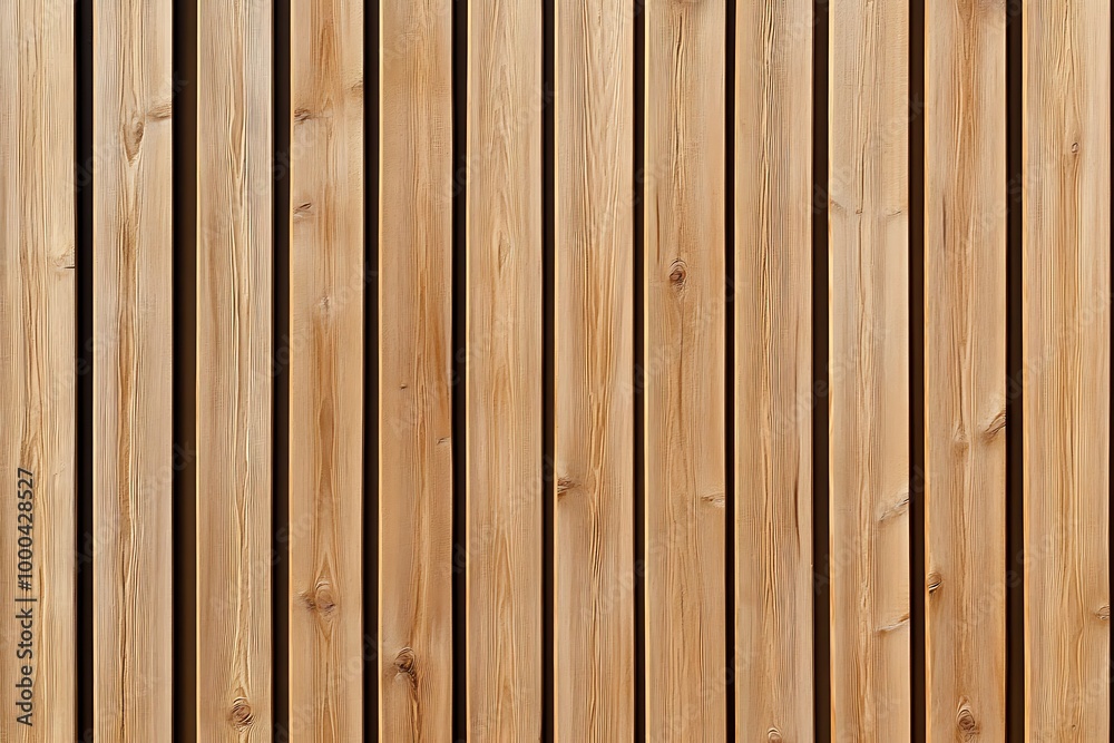 Fototapeta premium Wall made of wooden panels. Vertical wooden slats for facade cladding. Timber stripes made of beige pine. A modern plank surface for interior and exterior design. 