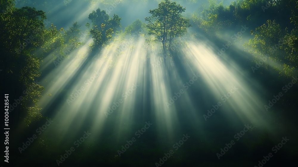 Sun rays through misty forest trees, abstract nature photography background Sun rays through misty forest trees, abstract nature photography background