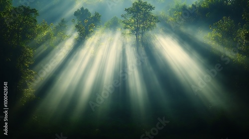 Sun rays through misty forest trees, abstract nature photography background