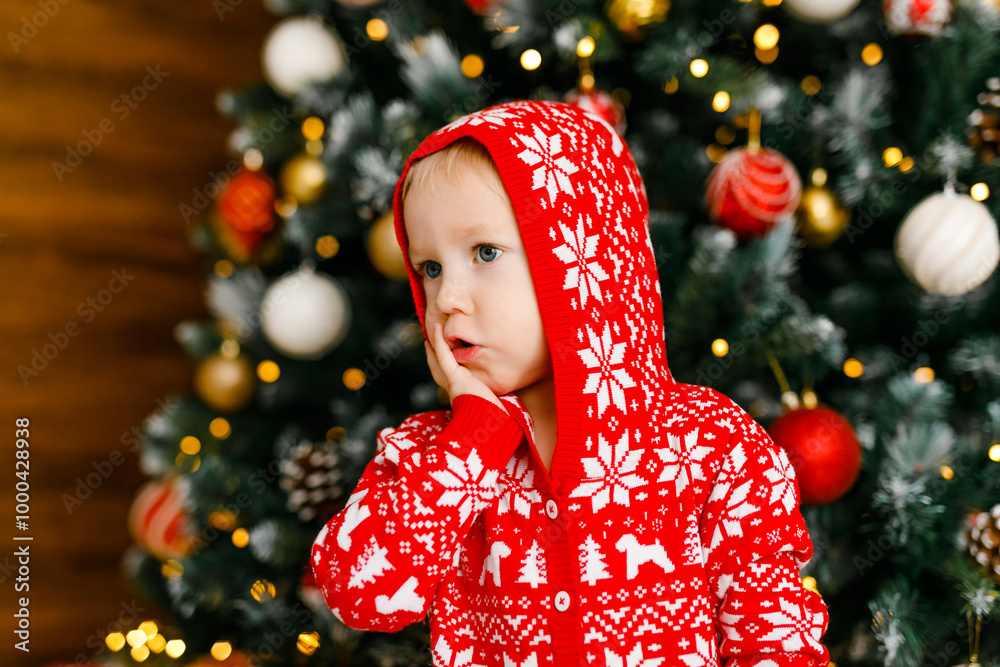 close-up portrait of toddler in red outfit with cute expressions of surprise and joy on background of Christmas tree close-up portrait of toddler in red outfit with cute expressions of surprise and joy on background of Christmas tree