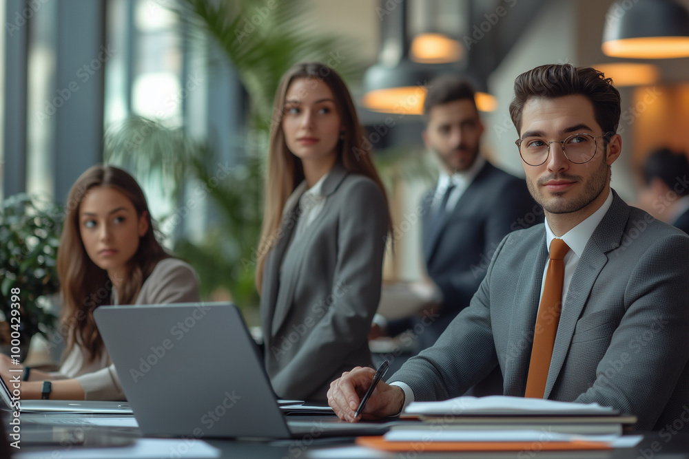 business team working together in office. man in a suit working with a laptop. AI Generated business team working together in office. man in a suit working with a laptop. AI Generated