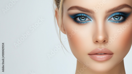 Photo shoot of a beautiful woman model for an eye shadow brand, bright eye makeup, professional photo shoot on a white background