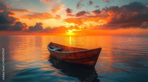 Wooden boat on still water at sunset with vibrant orange clouds