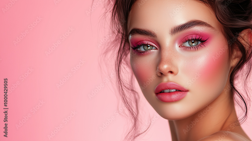 Photo shoot of a beautiful woman model for an eye shadow brand, bright eye makeup, professional photo shoot on a white background Photo shoot of a beautiful woman model for an eye shadow brand, bright eye makeup, professional photo shoot on a white background
