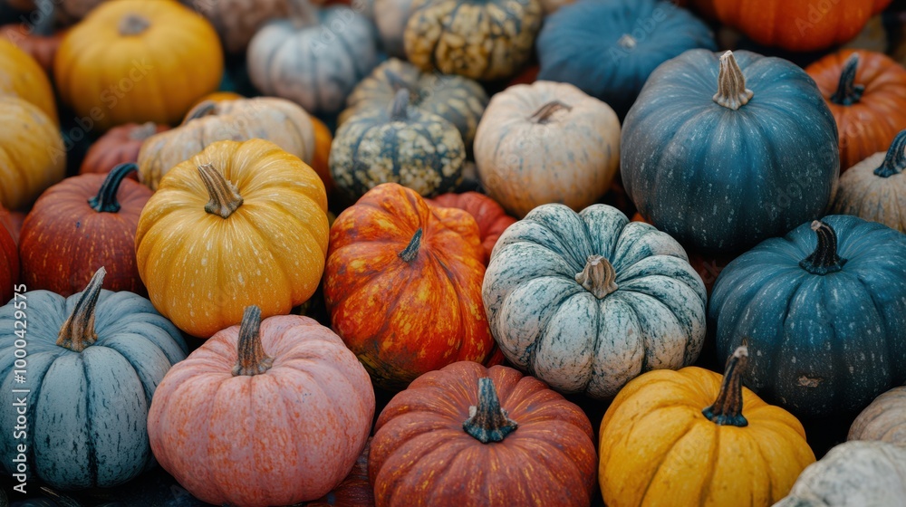 A vibrant collection of pumpkins displayed on a market floor during the autumn season, showcasing different shapes and colors A vibrant collection of pumpkins displayed on a market floor during the autumn season, showcasing different shapes and colors