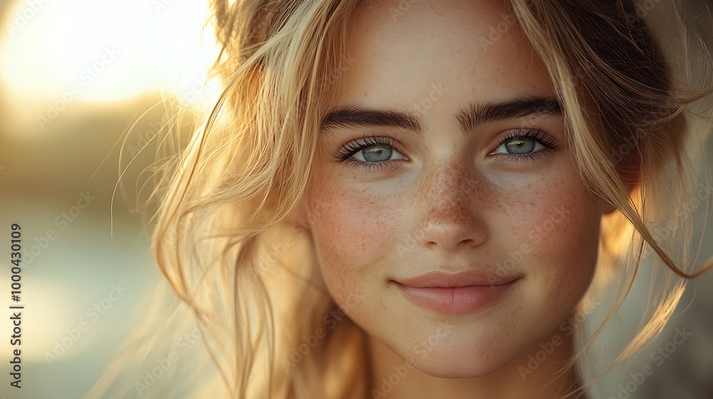 Fototapeta premium Portrait of young woman with blonde hair and green eyes smiling