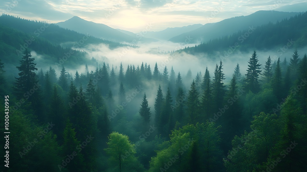 Misty mountain forest landscape with green pine trees in the morning Misty mountain forest landscape with green pine trees in the morning