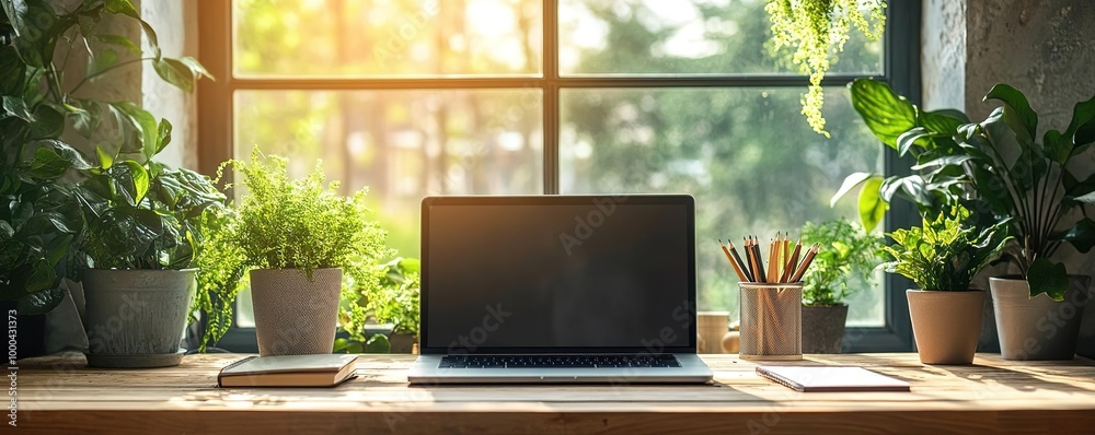 A serene workspace featuring a laptop, plants, and sunlight streaming through a window, perfect for productivity and inspiration. A serene workspace featuring a laptop, plants, and sunlight streaming through a window, perfect for productivity and inspiration.