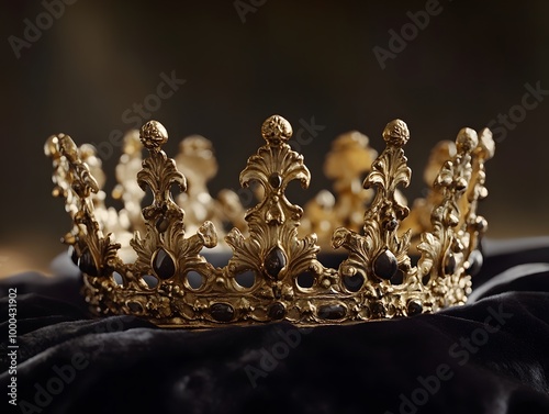 A luxurious gold crown encrusted with sparkling diamonds, floating amidst glowing particles, symbolizing royalty, opulence, and grandeur against a dark background.