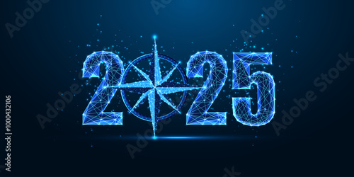 2025 vision New Year concept banner. Glowing 2025 digits and compass symbol on dark blue background.