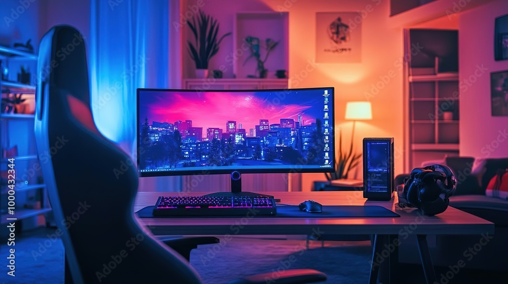 A stylish home office with modern decor, featuring a colorful monitor setup and comfortable gaming chair under soft lighting. A stylish home office with modern decor, featuring a colorful monitor setup and comfortable gaming chair under soft lighting.